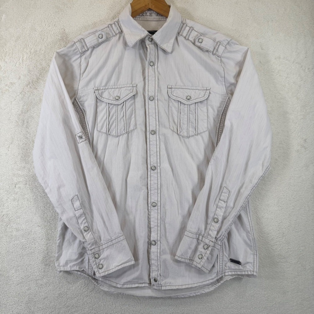 Buckle Black Mens Tan Pinstripe Western Pearl Snap Shirt Epaulettes Med Slim Fit